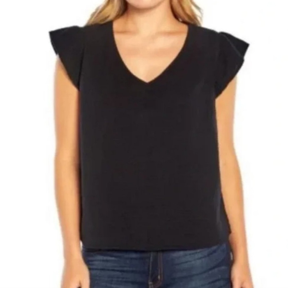 Three Dots Double Gauze Flutter Sleeve Top in Black Size XL MSRP $138 W-538